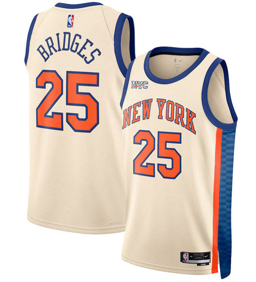Men's New Yok Knicks 25 Mikal Bridges Cream 2025 26 City Edition Swingman Stitched Basketball Jersey