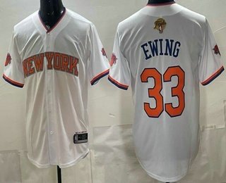 Men's New Yok Knicks 33 Patrick Ewing White 2026 Finals Patch Stitched Baseball Jersey Men's New Yok Knicks 33 Patrick Ewing White 2026 Finals Patch Stitched Baseball Jersey