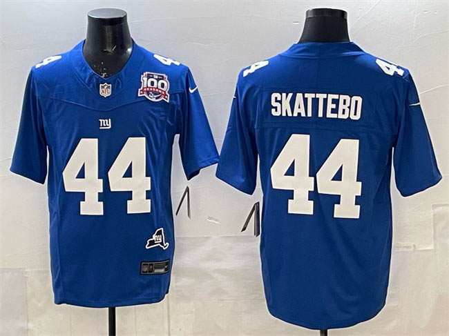 Men's New York Giants 44 Cam Skattebo Royal 2025 Draft F.U.S.E. 100th Season & State Patch Vapor Limited Stitched Football Jersey