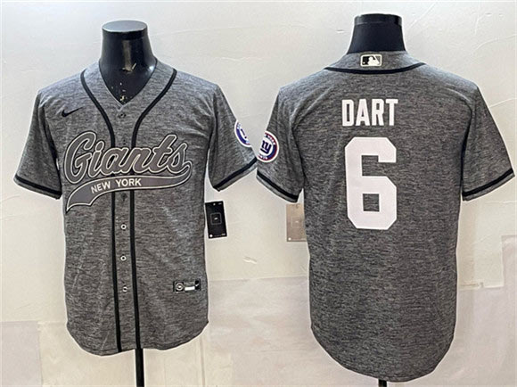 Men's New York Giants 6 Jaxson Dart Gray With Patch Cool Base Stitched Baseball Jersey
