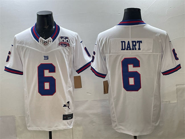 Men's New York Giants 6 Jaxson Dart White 2025 Draft F.U.S.E. 100th Season & State Patch Vapor Limited Stitched Football Jersey