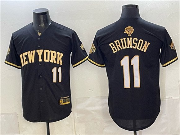 Men's New York Knicks 11 Jalen Brunson Black Gold 2026 Finals Patch Stitched Baseball Jersey Men's New York Knicks 11 Jalen Brunson Black Gold 2026 Finals Patch Stitched Baseball Jersey