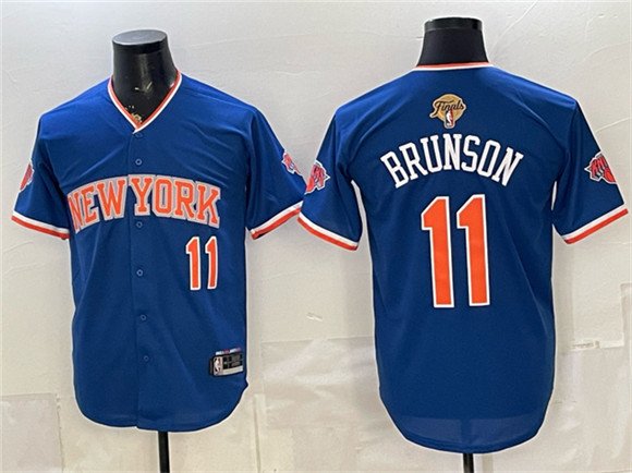 Men's New York Knicks 11 Jalen Brunson Blue 2026 Finals Patch Stitched Baseball Jersey Men's New York Knicks 11 Jalen Brunson Blue 2026 Finals Patch Stitched Baseball Jersey