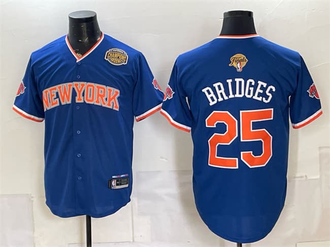 Men's New York Knicks 25 Mikal Bridges Blue 2026 Finals Eastern Conference Champions Patch Stitched Baseball Jersey Men's New York Knicks 25 Mikal Bridges Blue 2026 Finals Eastern Conference Champions Patch Stitched Baseball Jersey