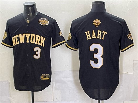 Men's New York Knicks 3 Josh Hart Black Gold 2026 Finals Eastern Conference Champions Patch Stitched Baseball Jersey Men's New York Knicks 3 Josh Hart Black Gold 2026 Finals Eastern Conference Champions Patch Stitched Baseball Jersey
