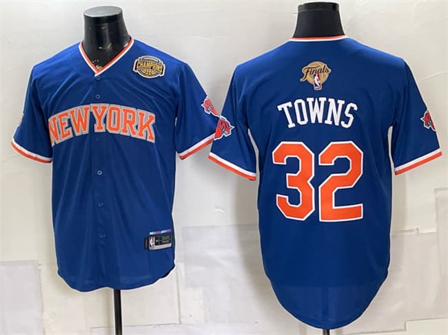 Men's New York Knicks 32 Karl Anthony Towns Blue 2026 Finals Eastern Conference Champions Patch Stitched Baseball Jersey Men's New York Knicks 32 Karl Anthony Towns Blue 2026 Finals Eastern Conference Champions Patch Stitched Baseball Jersey