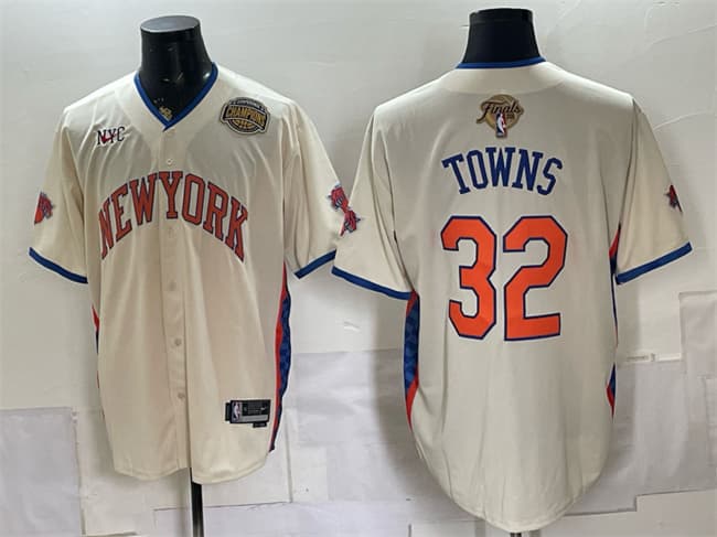 Men's New York Knicks 32 Karl Anthony Towns Cream 2026 Finals Eastern Conference Champions Patch Stitched Baseball Jersey Men's New York Knicks 32 Karl Anthony Towns Cream 2026 Finals Eastern Conference Champions Patch Stitched Baseball Jersey