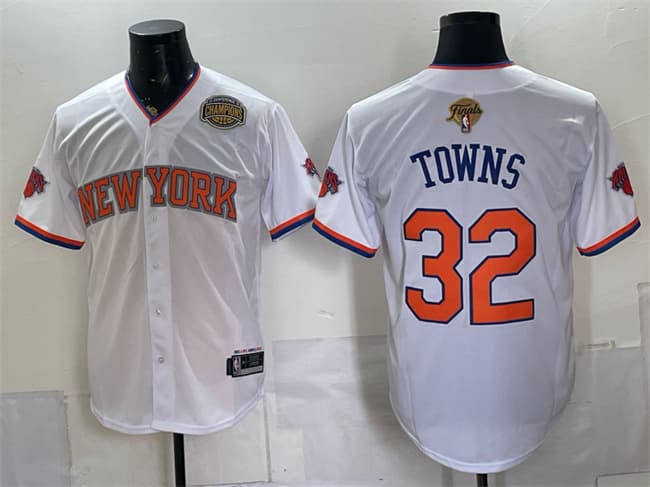 Men's New York Knicks 32 Karl Anthony Towns White 2026 Finals Eastern Conference Champions Patch Stitched Baseball Jersey Men's New York Knicks 32 Karl Anthony Towns White 2026 Finals Eastern Conference Champions Patch Stitched Baseball Jersey