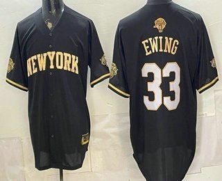 Men's New York Knicks 33 Patrick Ewing Black Gold 2026 Finals Patch Stitched Baseball Jersey Men's New York Knicks 33 Patrick Ewing Black Gold 2026 Finals Patch Stitched Baseball Jersey