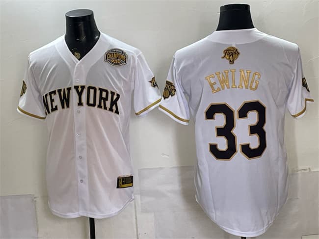 Men's New York Knicks 33 Patrick Ewing White Gold 2026 Finals Eastern Conference Champions Patch Stitched Baseball Jersey Men's New York Knicks 33 Patrick Ewing White Gold 2026 Finals Eastern Conference Champions Patch Stitched Baseball Jersey