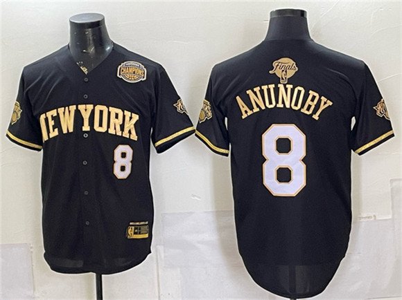 Men's New York Knicks 8 OG Anunoby Black Gold 2026 Finals Eastern Conference Champions Patch Stitched Baseball Jersey Men's New York Knicks 8 OG Anunoby Black Gold 2026 Finals Eastern Conference Champions Patch Stitched Baseball Jersey