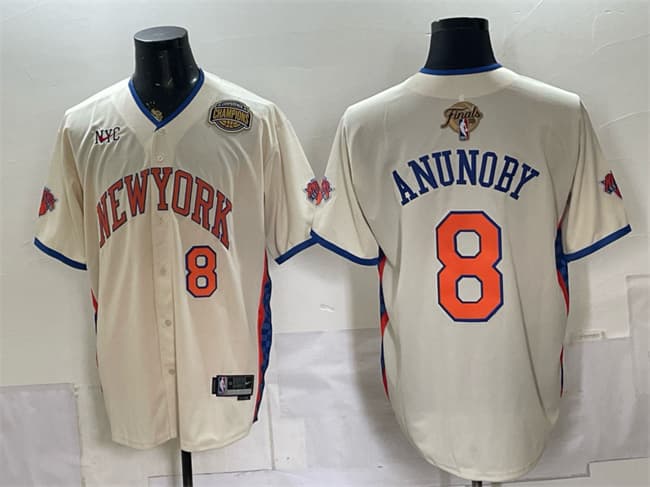 Men's New York Knicks 8 OG Anunoby Cream 2026 Finals Eastern Conference Champions Patch Stitched Baseball Jersey Men's New York Knicks 8 OG Anunoby Cream 2026 Finals Eastern Conference Champions Patch Stitched Baseball Jersey
