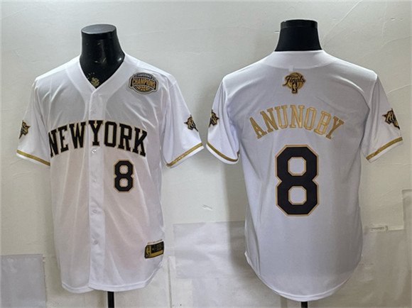 Men's New York Knicks 8 OG Anunoby White Gold 2026 Finals Eastern Conference Champions Patch Stitched Baseball Jersey Men's New York Knicks 8 OG Anunoby White Gold 2026 Finals Eastern Conference Champions Patch Stitched Baseball Jersey