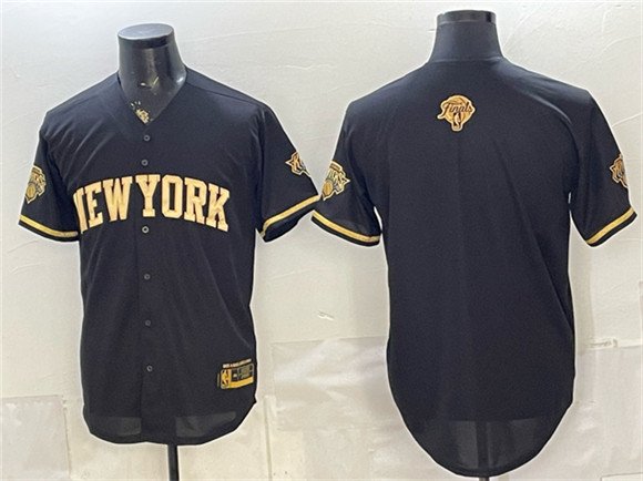 Men's New York Knicks Blank Black Gold 2026 Finals Patch Stitched Baseball Jersey Men's New York Knicks Blank Black Gold 2026 Finals Patch Stitched Baseball Jersey