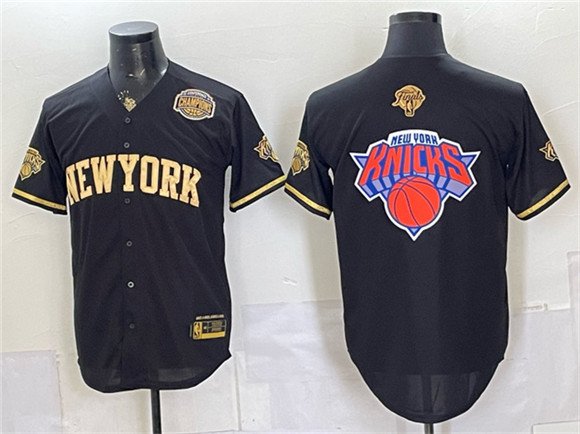 Men's New York Knicks Team Big Logo Black Gold 2026 Finals Eastern Conference Champions Patch Stitched Baseball Jersey Men's New York Knicks Team Big Logo Black Gold 2026 Finals Eastern Conference Champions Patch Stitched Baseball Jersey