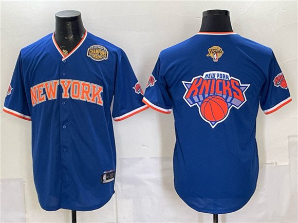 Men's New York Knicks Team Big Logo Royal 2026 Finals Eastern Conference Champions Patch Stitched Baseball Jersey Men's New York Knicks Team Big Logo Royal 2026 Finals Eastern Conference Champions Patch Stitched Baseball Jersey