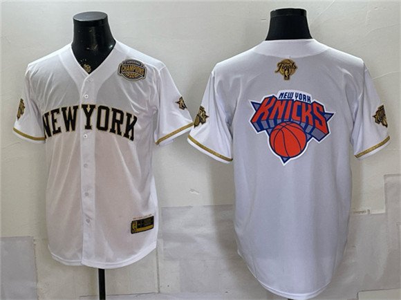 Men's New York Knicks Team Big Logo White Gold 2026 Finals Eastern Conference Champions Patch Stitched Baseball Jersey Men's New York Knicks Team Big Logo White Gold 2026 Finals Eastern Conference Champions Patch Stitched Baseball Jersey