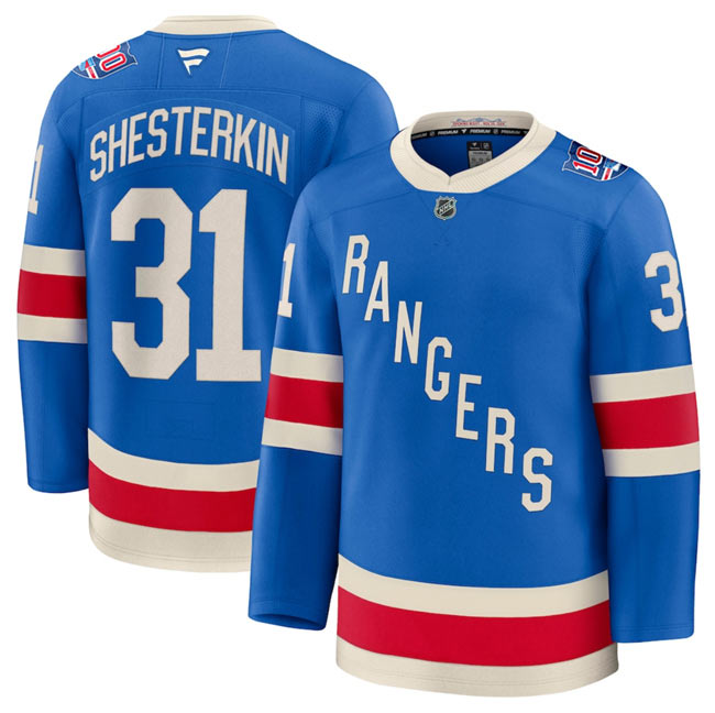 Men's New York Rangers 31 Igor Shesterkin Blue Centennial Stitched Hockey Jersey