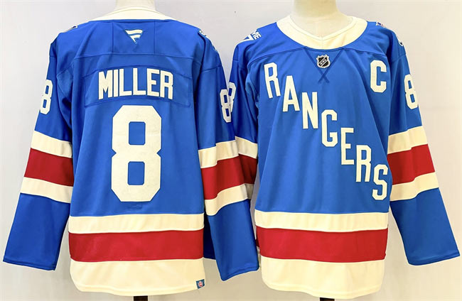 Men's New York Rangers 8 JT Miller Blue 2025 With C Patch Stitched Hockey Jersey