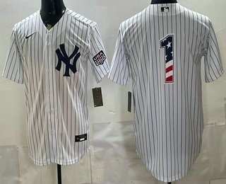 Men's New York Yankees 1 Dad White 2026 USA 250 Fourth of July Home Stadium Stitched Jersey Men's New York Yankees 1 Dad White 2026 USA 250 Fourth of July Home Stadium Stitched Jersey