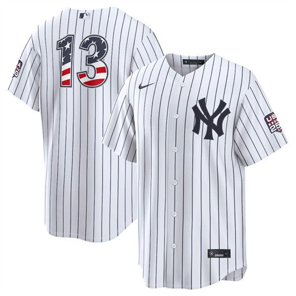 Men's New York Yankees 13 Jazz Chisholm Jr White 2026 USA 250 Fourth of July Home Stadium Stitched Baseball Jersey Men's New York Yankees 13 Jazz Chisholm Jr White 2026 USA 250 Fourth of July Home Stadium Stitched Baseball Jersey