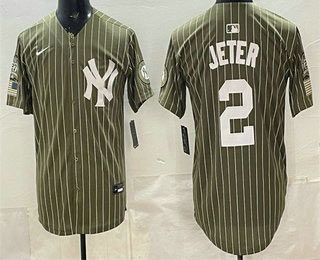 Men's New York Yankees 2 Derek Jeter Olive Pinstripe 2026 Armed Forces Day Salute To Service Jersey Men's New York Yankees 2 Derek Jeter Olive Pinstripe 2026 Armed Forces Day Salute To Service Jersey