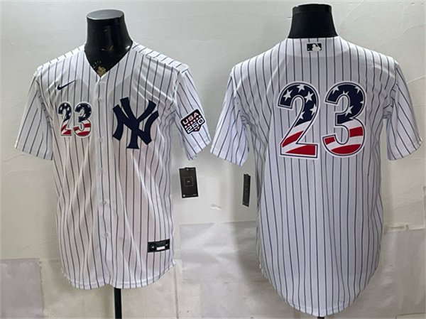 Men's New York Yankees 23 Don Mattingly White 2026 USA 250 Fourth of July Home Stadium Stitched Baseball Jersey Men's New York Yankees 23 Don Mattingly White 2026 USA 250 Fourth of July Home Stadium Stitched Baseball Jersey