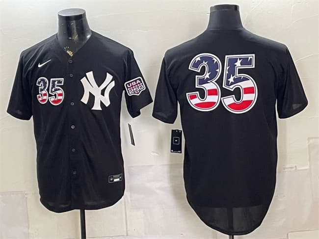 Men's New York Yankees 35 Cody Bellinger Black 2026 USA 250 Fourth of July Home Stadium Stitched Baseball Jersey Men's New York Yankees 35 Cody Bellinger Black 2026 USA 250 Fourth of July Home Stadium Stitched Baseball Jersey