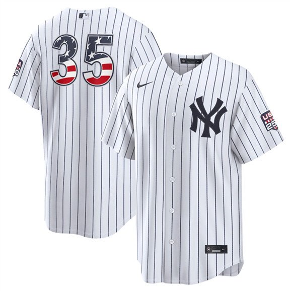 Men's New York Yankees 35 Cody Bellinger White 2026 USA 250 Fourth of July Home Stadium Stitched Baseball Jersey Men's New York Yankees 35 Cody Bellinger White 2026 USA 250 Fourth of July Home Stadium Stitched Baseball Jersey