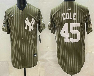 Men's New York Yankees 45 Gerrit Cole Olive Pinstripe 2026 Armed Forces Day Salute To Service Jersey Men's New York Yankees 45 Gerrit Cole Olive Pinstripe 2026 Armed Forces Day Salute To Service Jersey