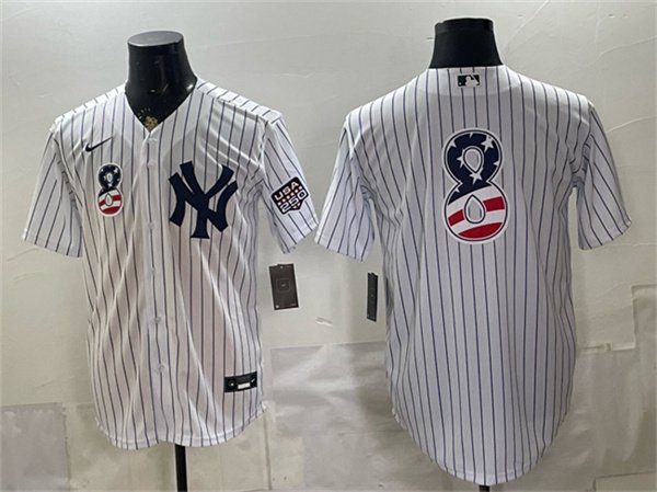 Men's New York Yankees 8 Yogi Berra White 2026 USA 250 Fourth of July Home Stadium Stitched Baseball Jersey Men's New York Yankees 8 Yogi Berra White 2026 USA 250 Fourth of July Home Stadium Stitched Baseball Jersey
