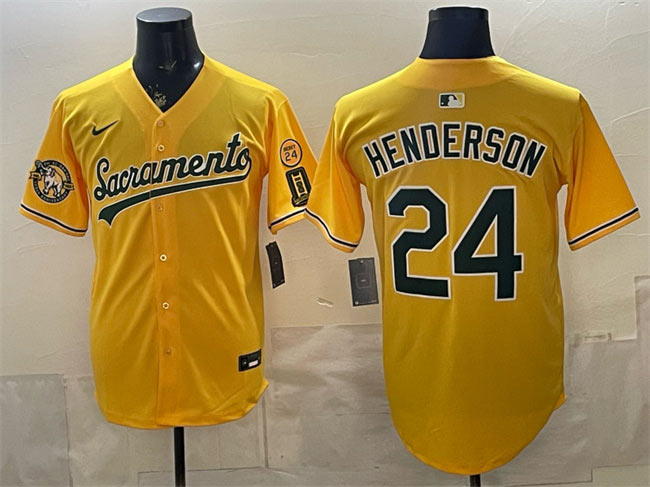 Men's Oakland Athletics 24 Rickey Henderson 2026 Yellow Alternate Sacramento Celebrating 125 Years Vapor Limited Stitched Baseball Jersey