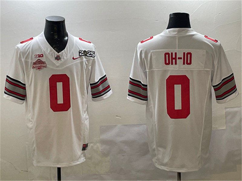 Men's Ohio State Buckeyes 0 OH IO White 2025 CFP Final With National Champions Patch F.U.S.E. Vapor Limited Stitched Football Jersey