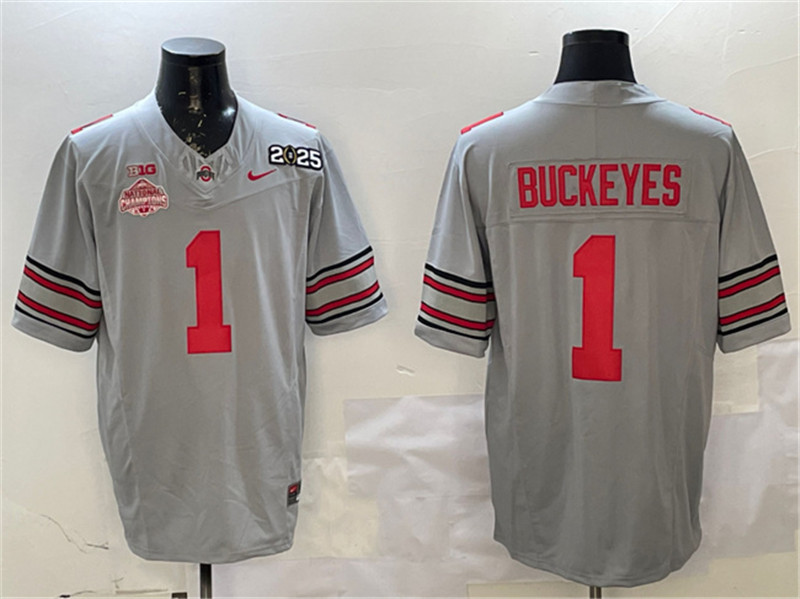 Men's Ohio State Buckeyes 1 Buckeyes Grey 2025 CFP Final With National Champions Patch F.U.S.E. Vapor Limited Stitched Football Jersey