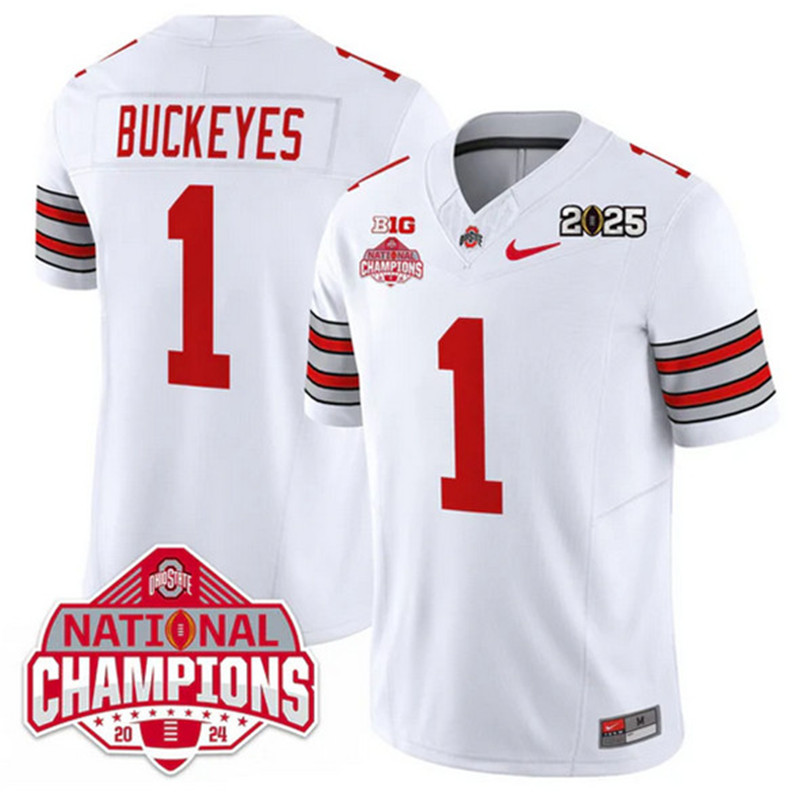 Men's Ohio State Buckeyes 1 Buckeyes White 2025 CFP Final With National Champions Patch F.U.S.E. Vapor Limited Stitched Football Jersey