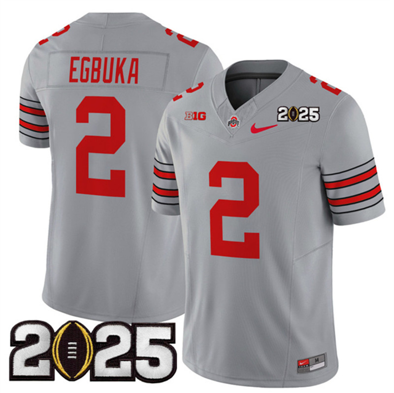 Men's Ohio State Buckeyes 2 Emeka Egbuka Grey 2025 CFP Final Patch F.U.S.E. Vapor Limited Stitched Football Jersey