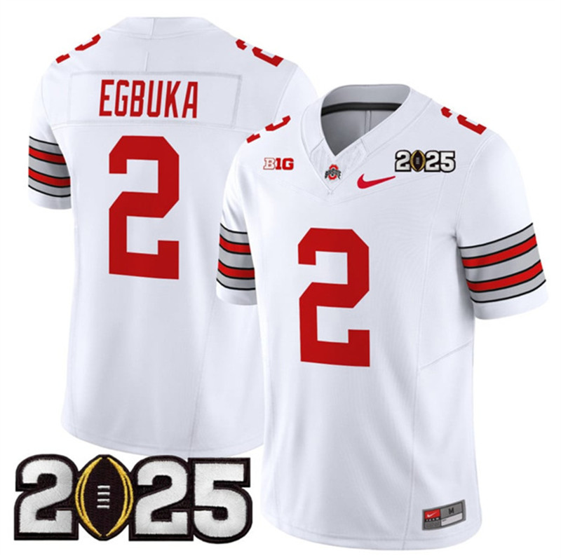 Men's Ohio State Buckeyes 2 Emeka Egbuka White 2025 CFP Final Patch F.U.S.E. Vapor Limited Stitched Football Jersey