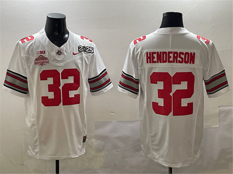 Men's Ohio State Buckeyes 32 TreVeyon Henderson White 2025 CFP Final With National Champions Patch F.U.S.E. Vapor Limited Stitched Football Jersey