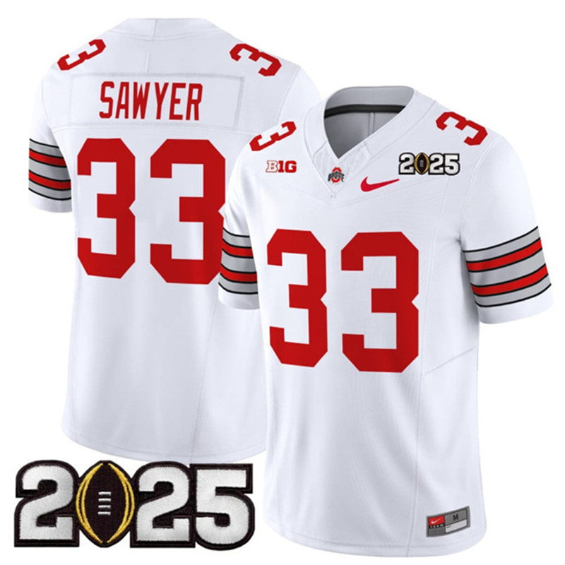 Men's Ohio State Buckeyes 33 Jack Sawyer White 2025 CFP Final Patch F.U.S.E. Vapor Limited Stitched Football Jersey