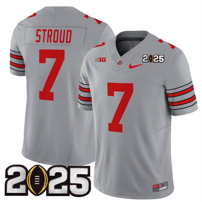 Men's Ohio State Buckeyes 7 C.J. Stroud Grey 2025 CFP Final Patch F.U.S.E. Vapor Limited Stitched Football Jersey