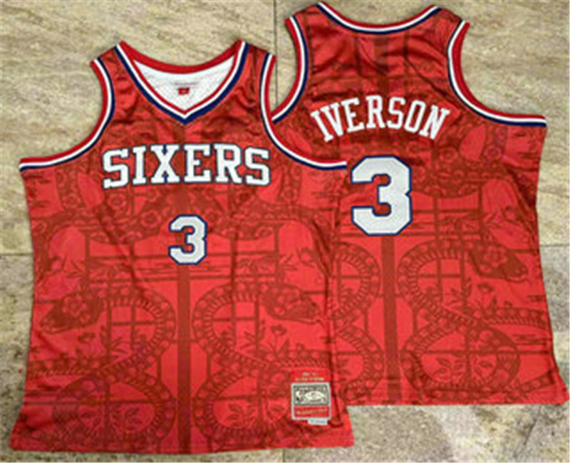Men's Philadelphia 76ers 3 Allen Iverson Red Snakeskin Hardwood AU Throwback Jersey