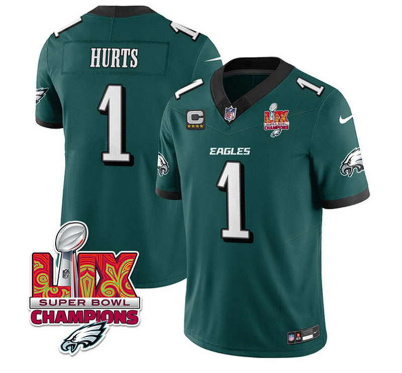 Men's Philadelphia Eagles 1 Jalen Hurts Green 2025 Eagles Logo Super Bowl LIX Patch With 4 Star C Patch New F.U.S.E. Vapor Untouchable Limited Football Stitched Jersey
