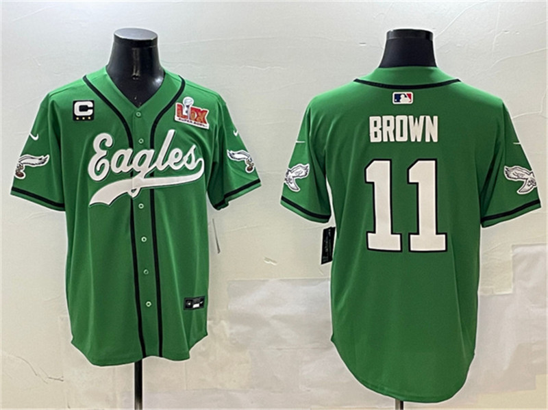 Men's Philadelphia Eagles 11 A.J. Brown Green 2025 Super Bowl LIX And 3 Star C Patch Stitched Baseball Jersey