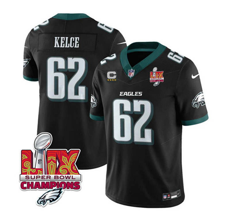 Men's Philadelphia Eagles 62 Jason Kelce Black 2025 Eagles Logo Super Bowl LIX Patch And 4 Star C Patch New F.U.S.E. Vapor Limited Football Stitched Jersey