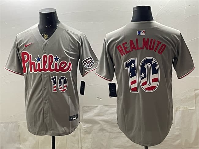Men's Philadelphia Phillies 10 J T Realmuto Gray USA 250 Fourth of July Home Stitched Baseball Jersey