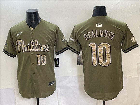 Men's Philadelphia Phillies 10 J T Realmuto Olive 2026 Armed Forces Day Stitched Jersey