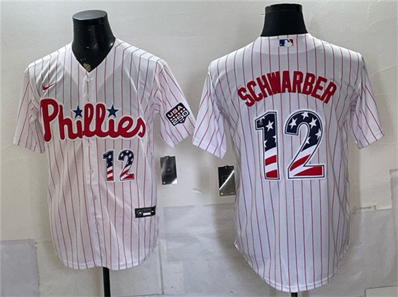 Men's Philadelphia Phillies 12 Kyle Schwarber White USA 250 Fourth of July Home Stitched Baseball Jersey Men's Philadelphia Phillies 12 Kyle Schwarber White USA 250 Fourth of July Home Stitched Baseball Jersey