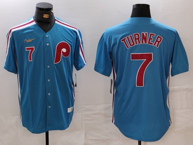 Men's Philadelphia Phillies 7 Trea Turner Number Blue Cooperstown Throwback Cool Base Nike Jersey