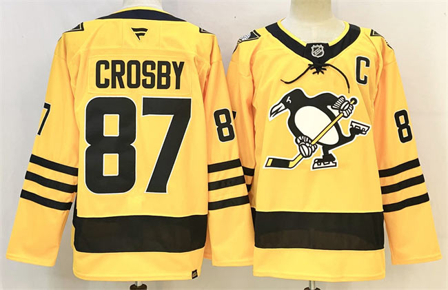 Men's Pittsburgh Penguins 87 Sidney Crosby Gold 2025 26 With C Patch Alternate Stitched Hockey Jersey