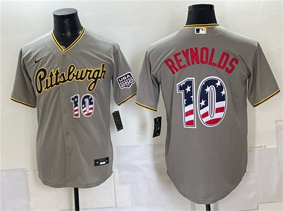 Men's Pittsburgh Pirates 10 Bryan Reynolds Grey USA 250 Fourth of July Stitched Baseball Jersey Men's Pittsburgh Pirates 10 Bryan Reynolds Grey USA 250 Fourth of July Stitched Baseball Jersey